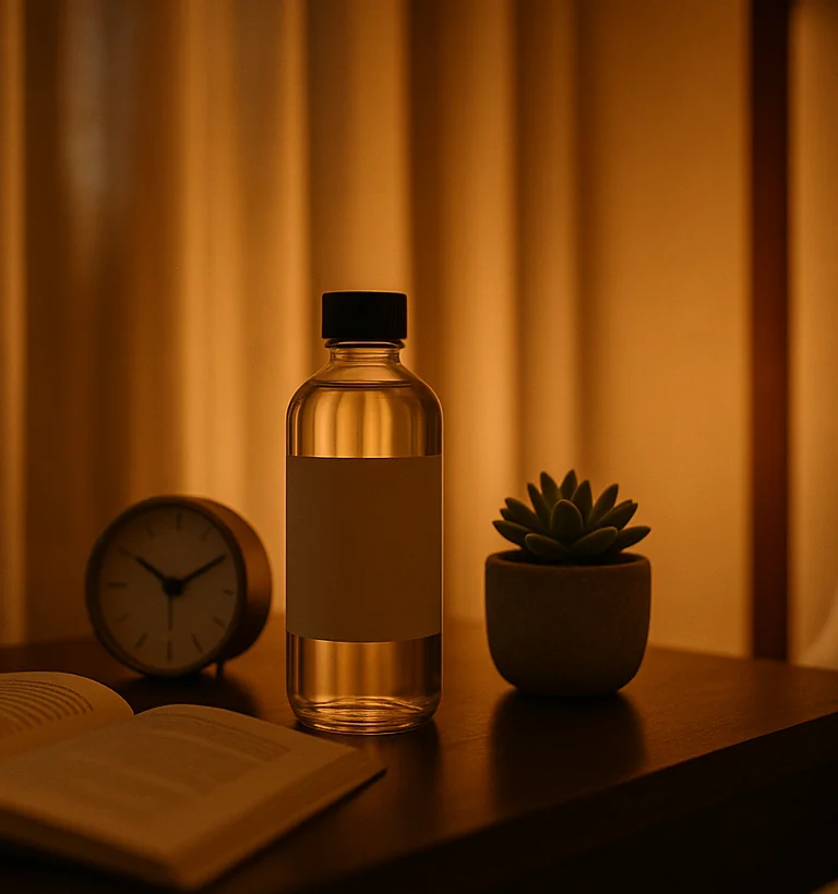 NightSip plastic bottle — hand holding bottle, nightstand setting