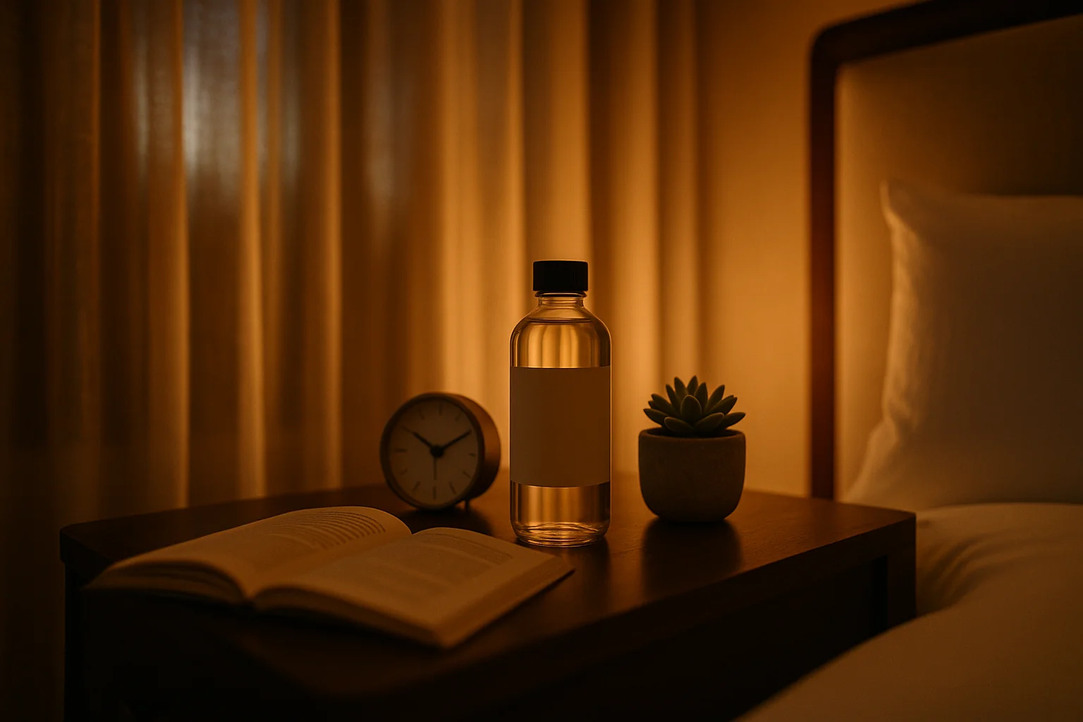 NightSip plastic bottle — lifestyle scene on nightstand